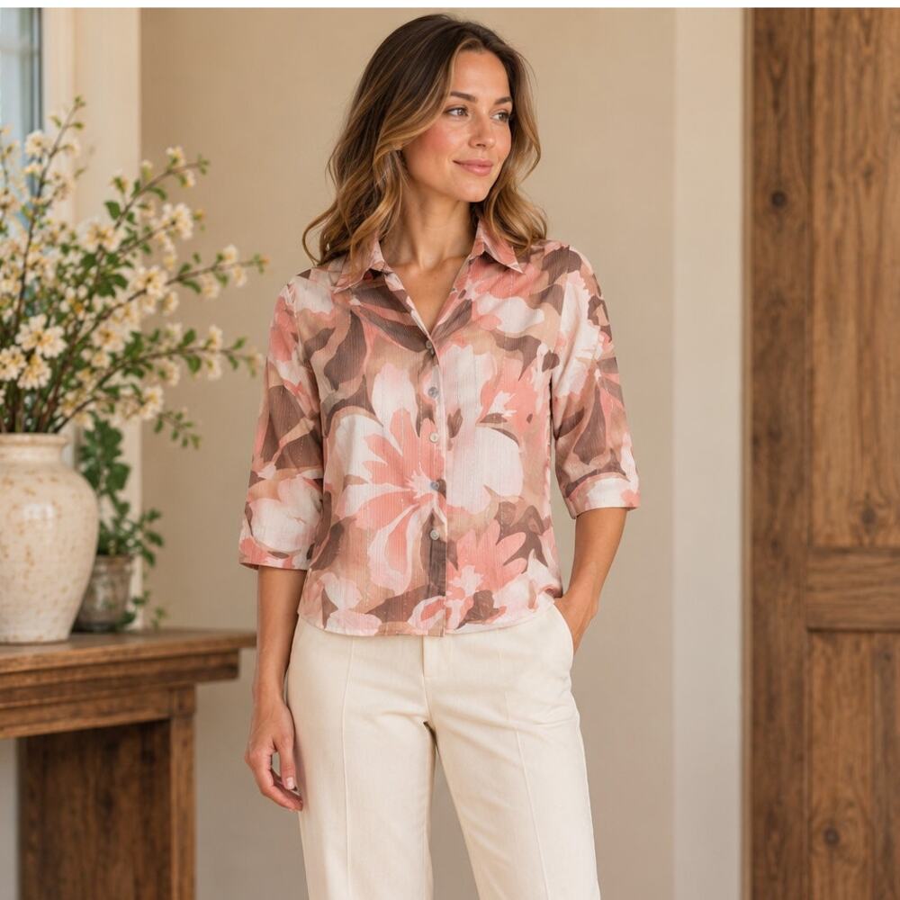 Peach Floral Button Down Blouse Metallic Shimmer Grandmacore Petite 6P